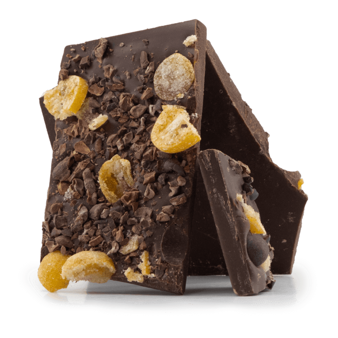 Dark chocolate broken bars with kumquat and cacao nibs 5407008479213 The Belgian Chocolate Makers