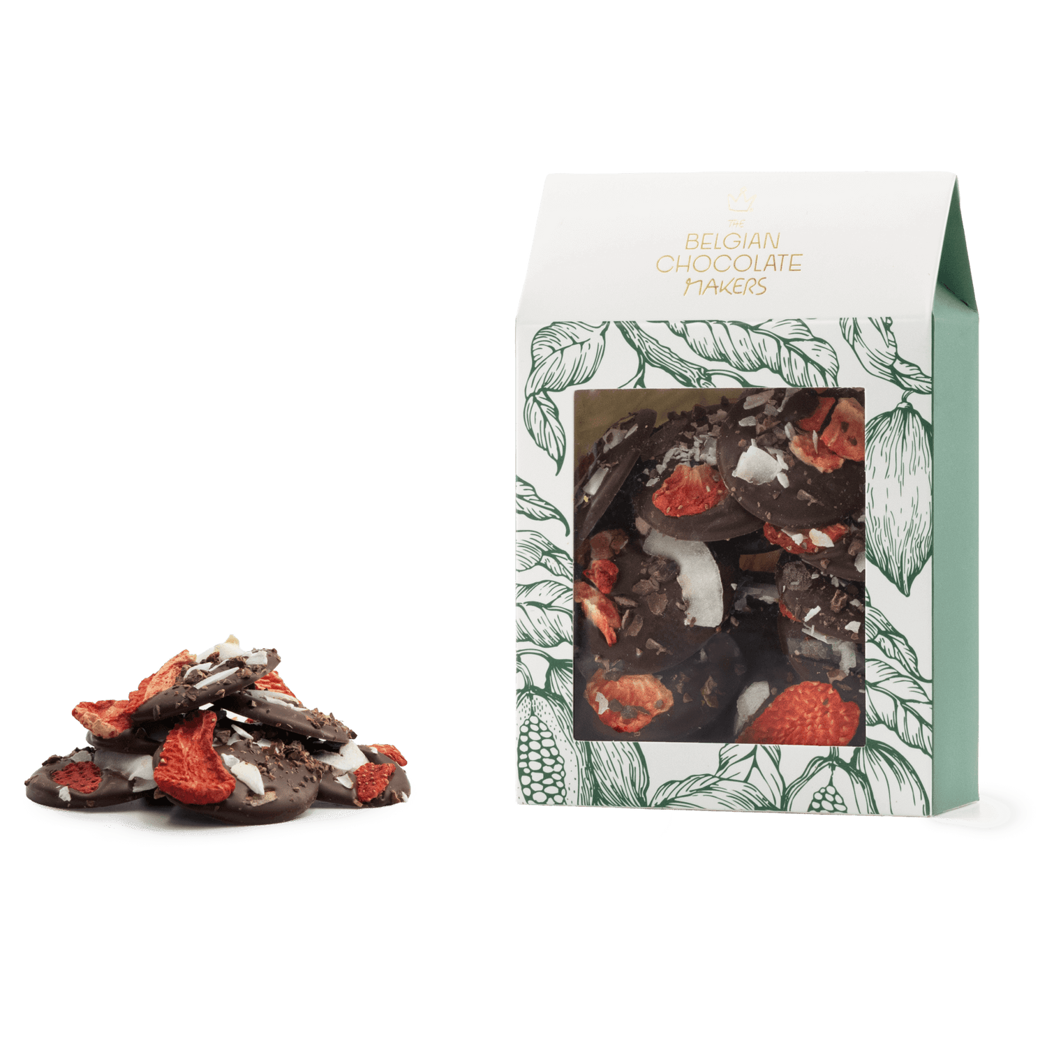 Dark chocolate mendiants with cacao nibs, strawberry and coconut chunks 5407008470296 The Belgian Chocolate Makers