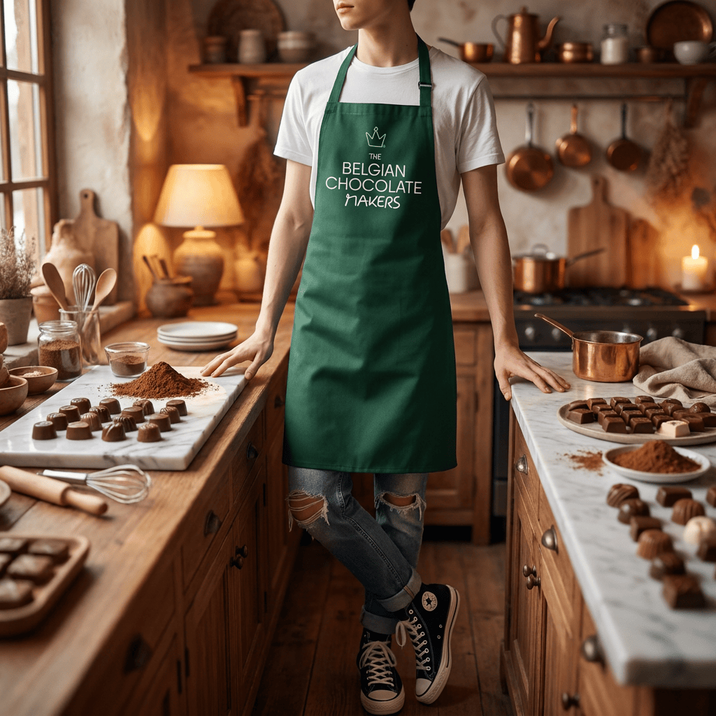 Embroidered green apron (adult size) The Belgian Chocolate Makers