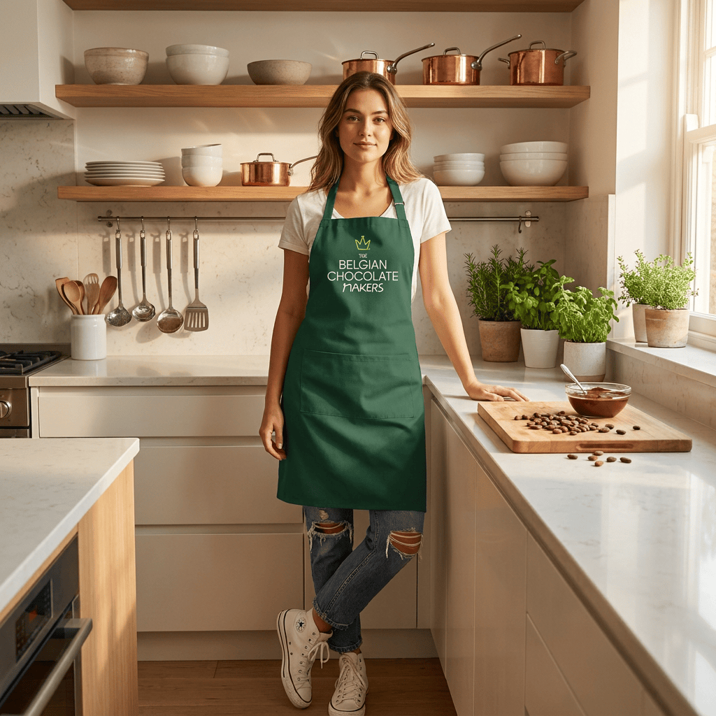 Embroidered green apron (adult size) The Belgian Chocolate Makers
