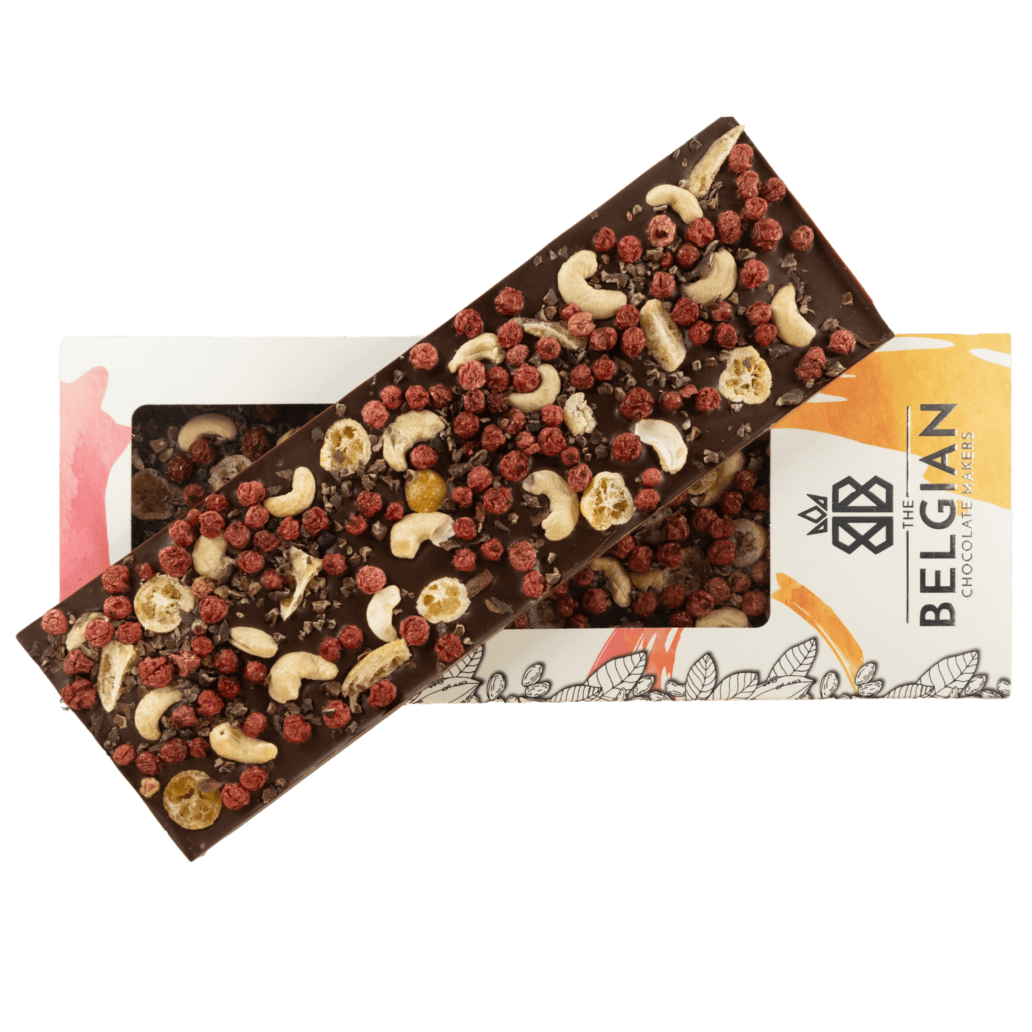 Fantasy dark chocolate bar 550 grs with cacao nibs, cashew nut, kumquat and redcurrant chunks 5407008479053 The Belgian Chocolate Makers