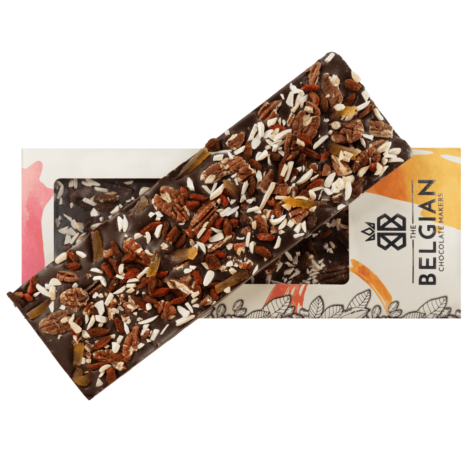 Fantasy dark chocolate bar 550 grs with pecan nut, goji berry, lemon and almond chunks 5407008479008 The Belgian Chocolate Makers