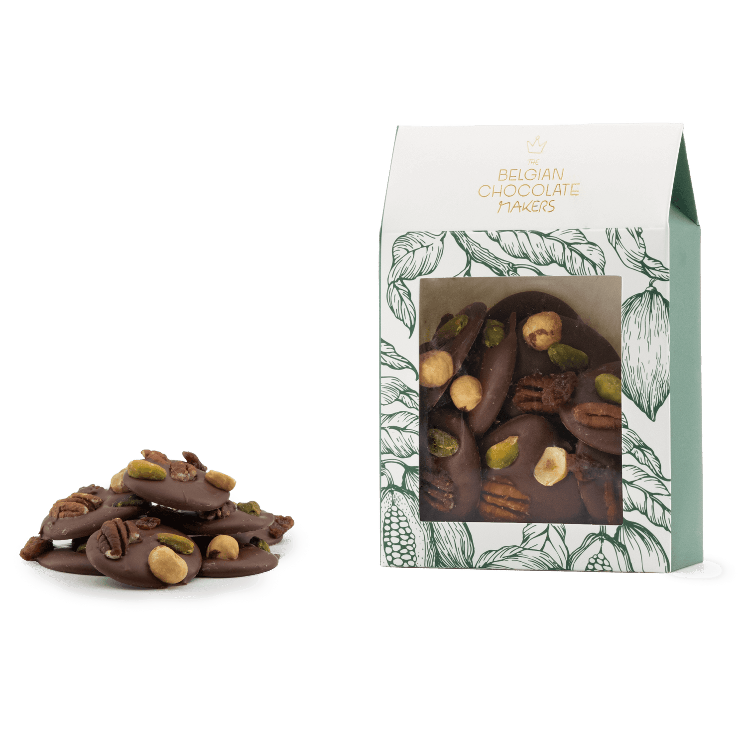 Milk chocolate mendiants with pecan, pistachio, raisin and hazelnut chunks 5407008470319 The Belgian Chocolate Makers