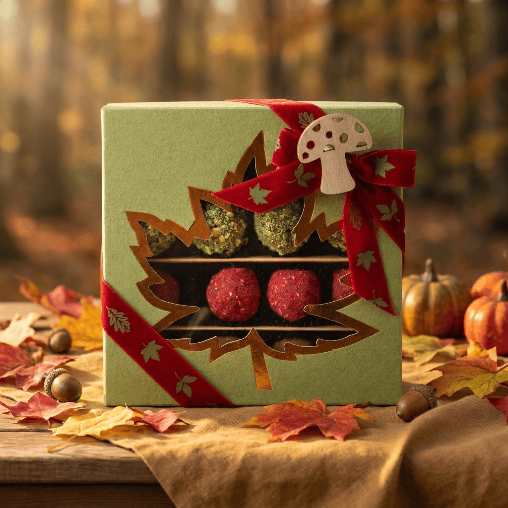 Mix of autumn Belgian truffles in a green gift box 5407008477615 The Belgian Chocolate Makers