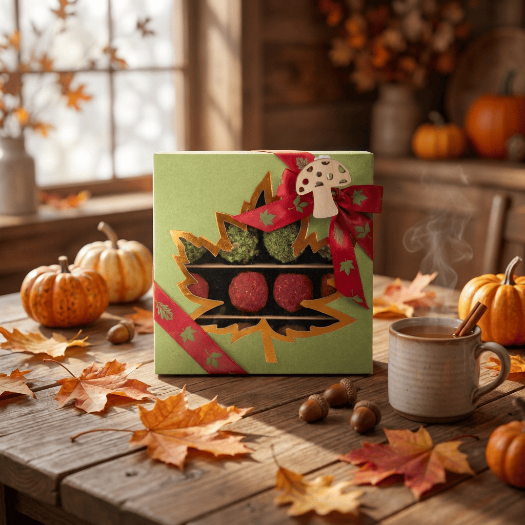 Mix of autumn Belgian truffles in a green gift box 5407008477615 The Belgian Chocolate Makers