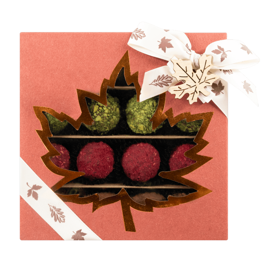 Mix of autumn Belgian truffles in a red gift box 5407008477608 The Belgian Chocolate Makers
