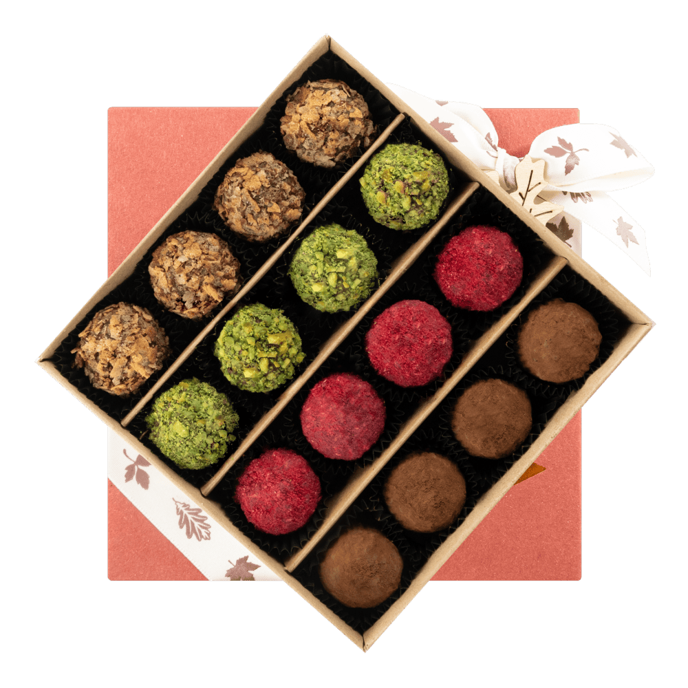Mix of autumn Belgian truffles in a red gift box 5407008477608 The Belgian Chocolate Makers