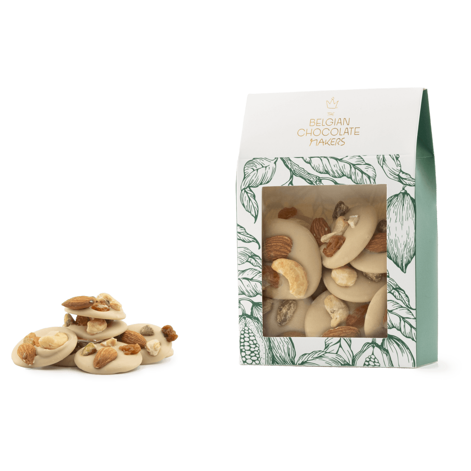 White chocolate mendiants with pistachio, almond, raisin and cashew chunks 5407008470357 The Belgian Chocolate Makers