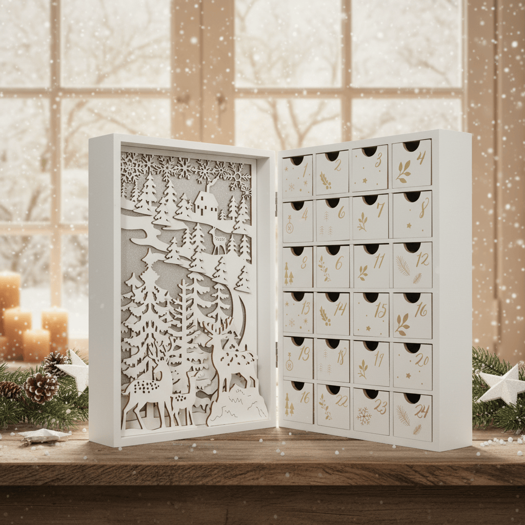 Wooden lighted advent calendar book 24 figurines 5407008474447 The Belgian Chocolate Makers