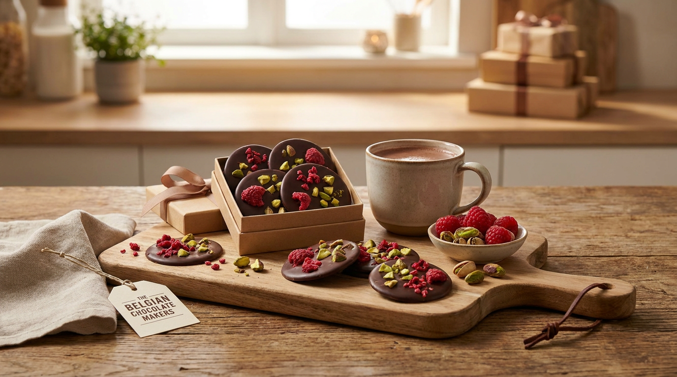 How to enjoy and gift dark chocolate mendiants with raspberry & pistachio chunks