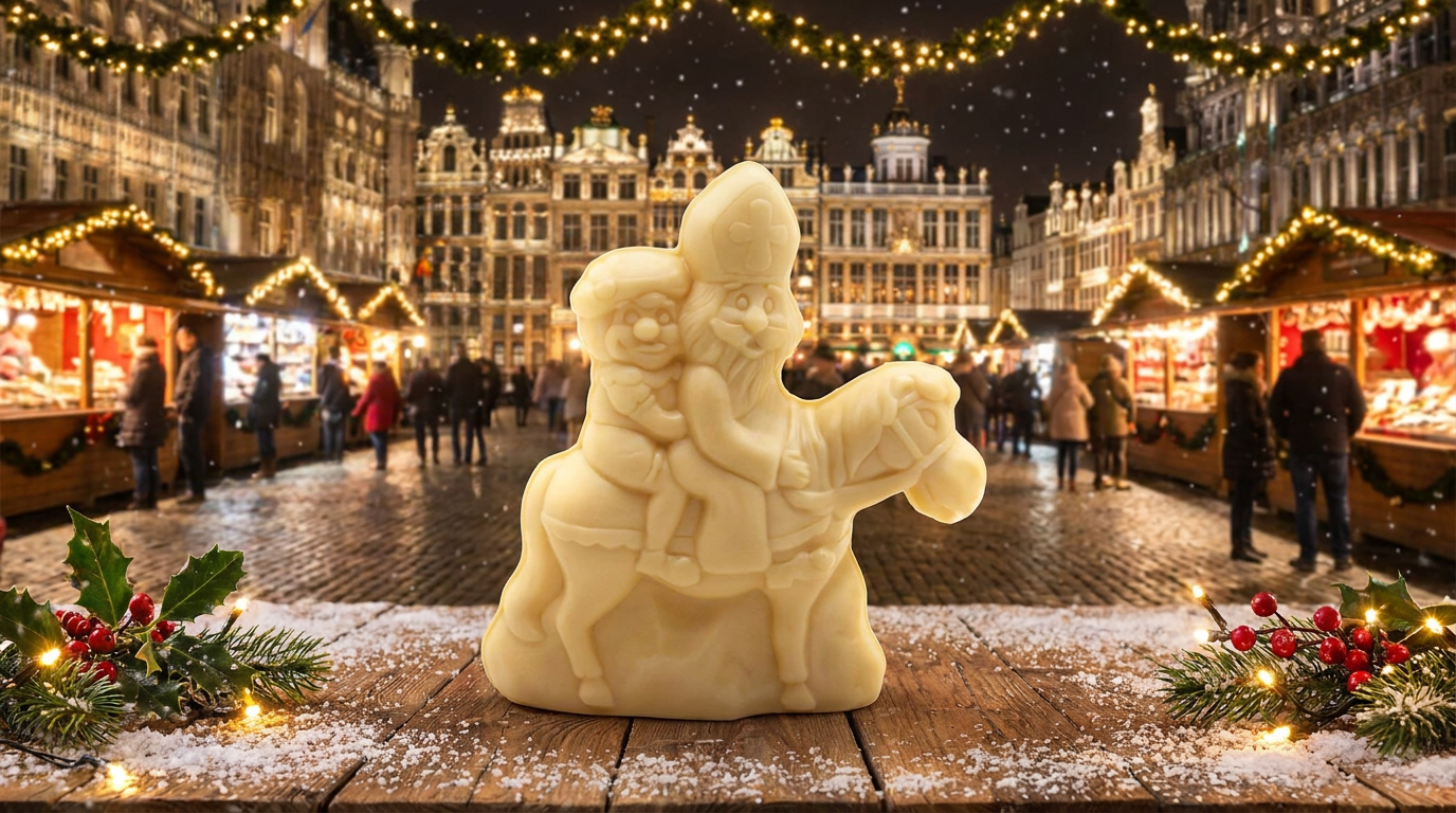Belgian white chocolate Saint Nicholas riding his horse