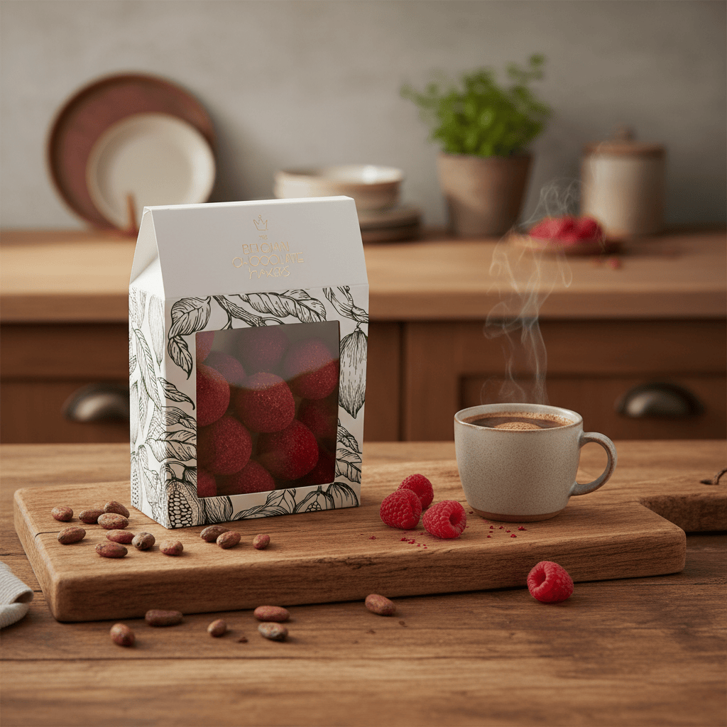 Belgian raspberry truffle delights in a 160g pouch