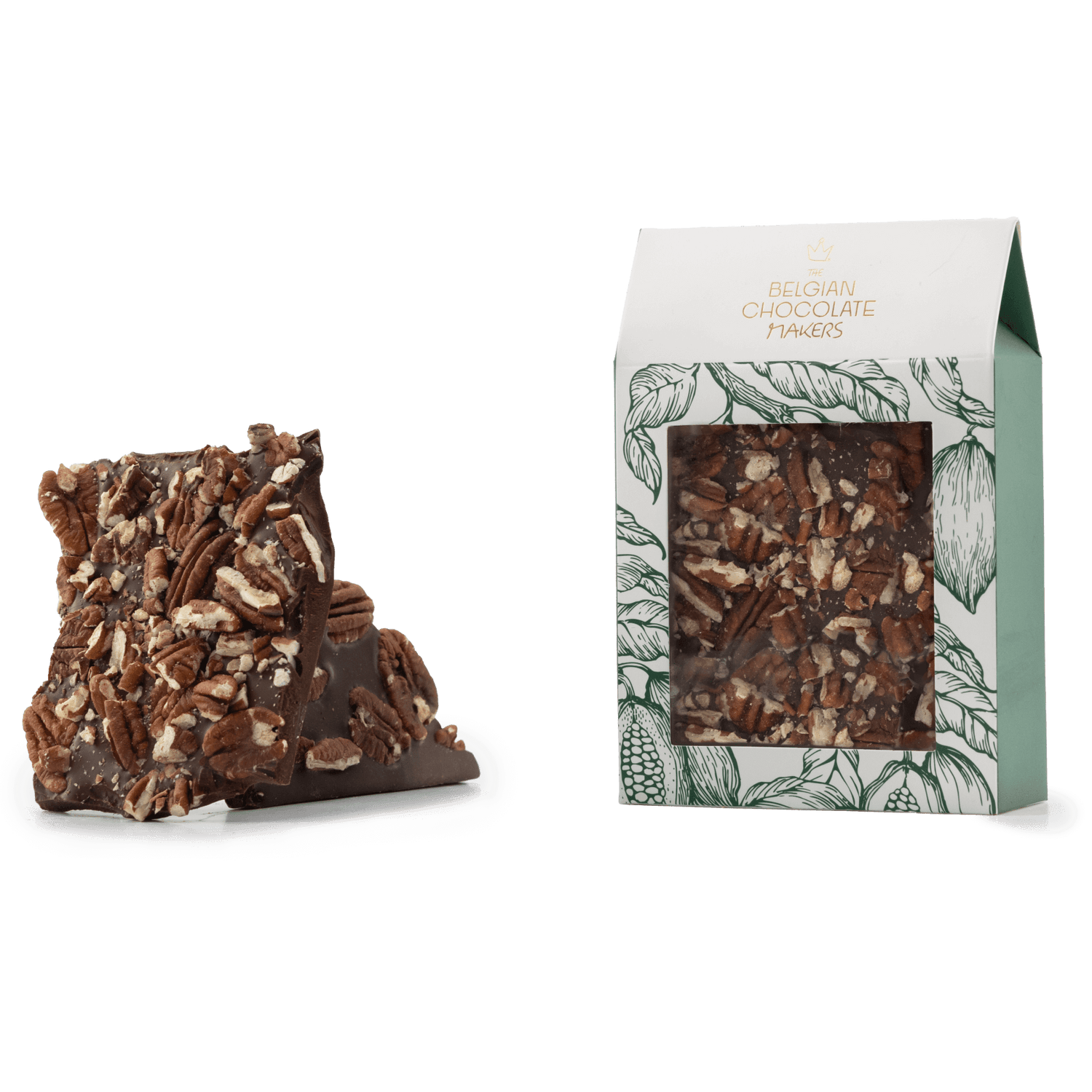Dark chocolate broken bars with pecan 5407008479244 The Belgian Chocolate Makers