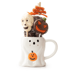 Dark chocolate drops in cup ghost with lollipops 5407008474270 The Belgian Chocolate Makers