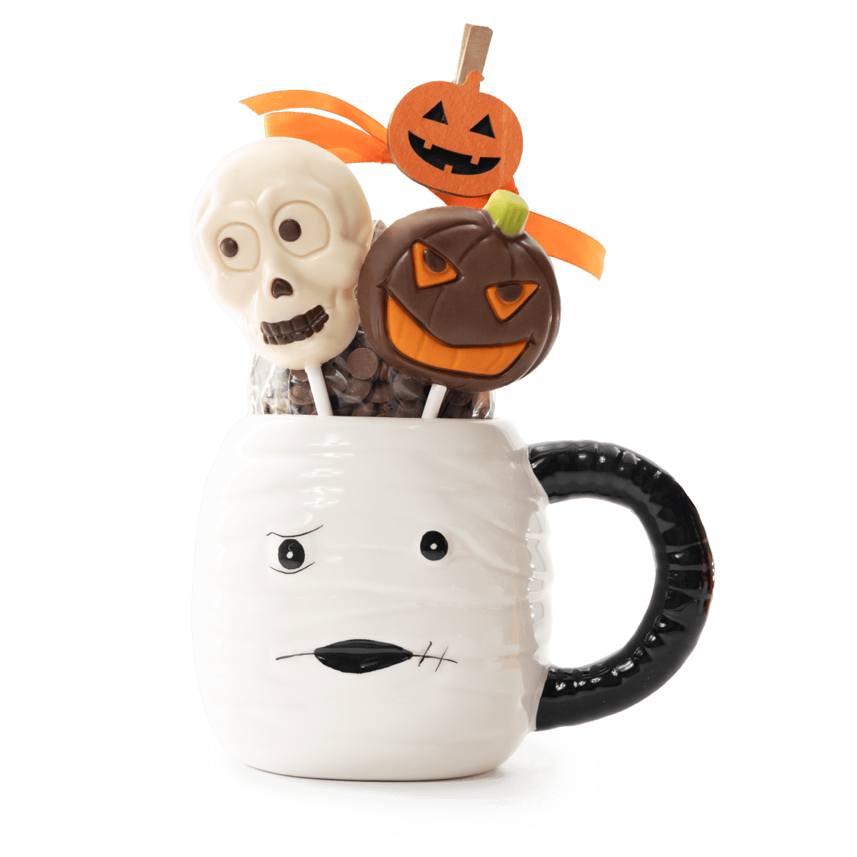 Dark chocolate drops in cup mummy with lollipops 5407008470333 The Belgian Chocolate Makers
