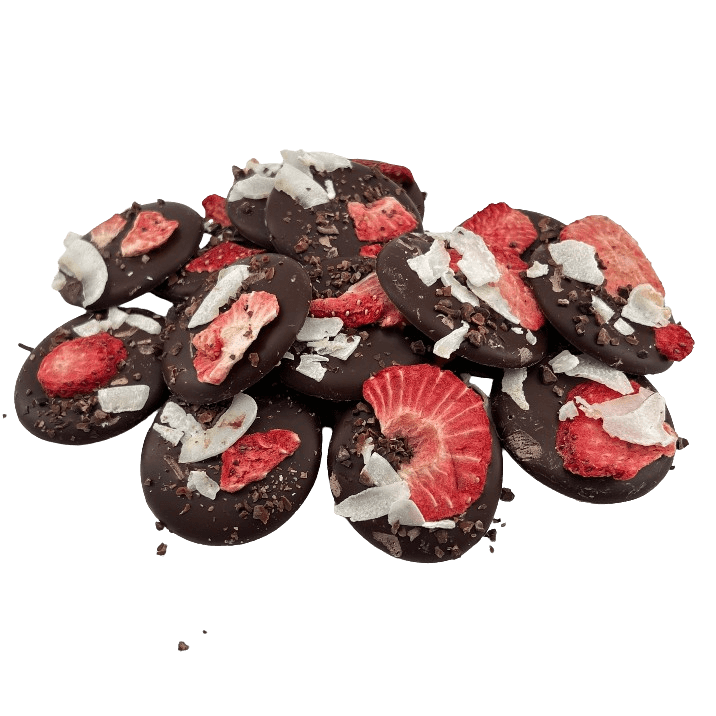 Dark chocolate mendiants with cacao nibs, strawberry and coconut chunks 5407008470296 The Belgian Chocolate Makers