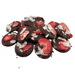 Dark chocolate mendiants with cacao nibs, strawberry and coconut chunks 5407008470296 The Belgian Chocolate Makers