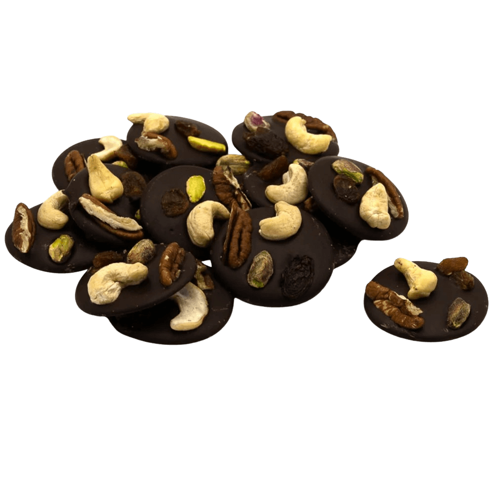 Dark chocolate mendiants with cashew, pistachio, raisin and pecan chunks 5407008470272 The Belgian Chocolate Makers