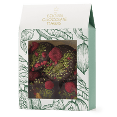Dark chocolate mendiants with raspberry and pistachio chunks 5407008470340 The Belgian Chocolate Makers