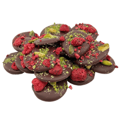Dark chocolate mendiants with raspberry and pistachio chunks 5407008470340 The Belgian Chocolate Makers