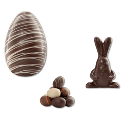 Dark chocolate stripped Easter egg 200g with mini eggs and a bunny 5407008471651 The Belgian Chocolate Makers