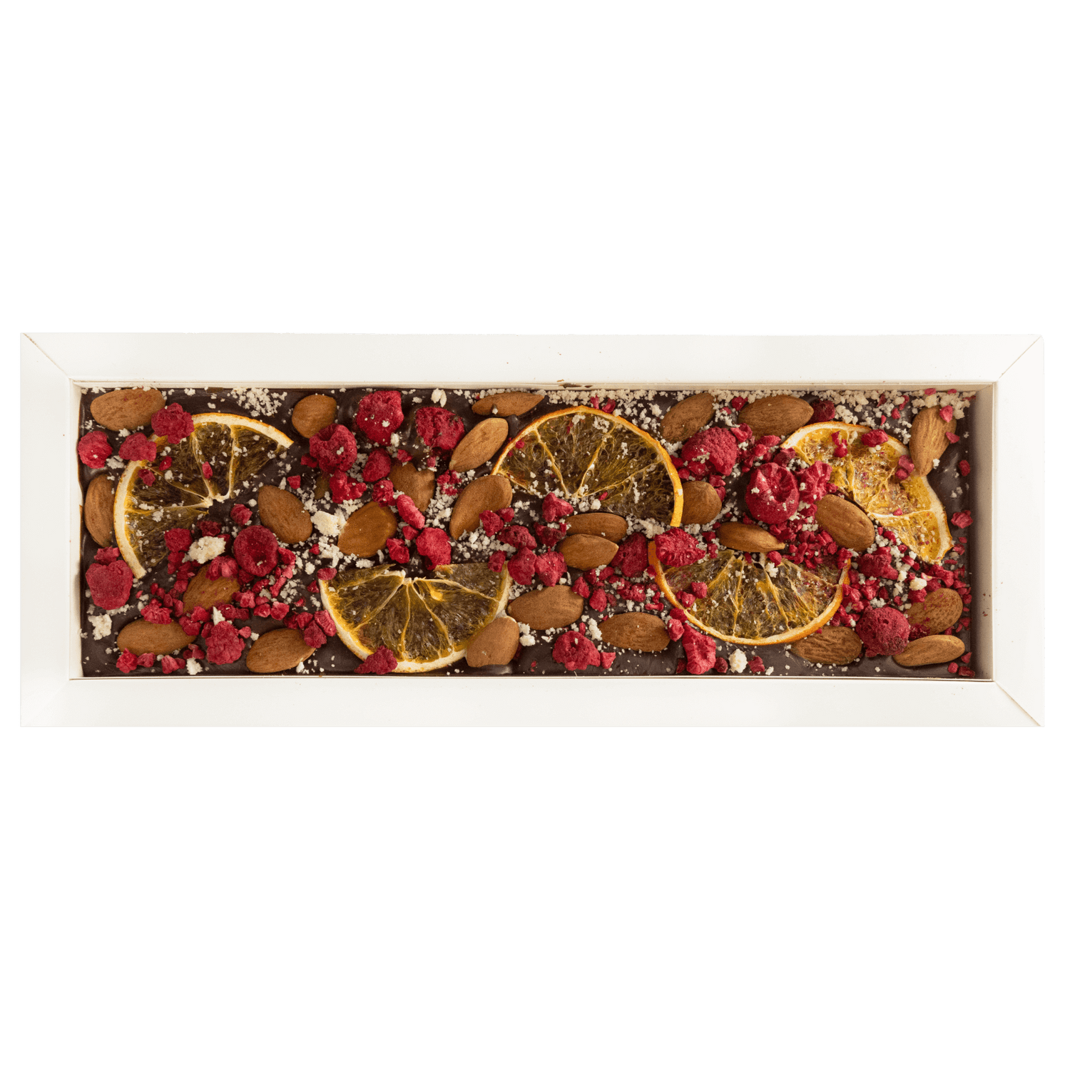 Fantasy dark chocolate bar 375 grs with raspberry, orange and almond chunks 5407008479046 The Belgian Chocolate Makers
