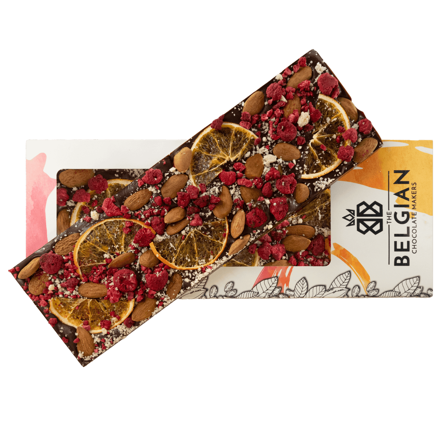Fantasy dark chocolate bar 375 grs with raspberry, orange and almond chunks 5407008479046 The Belgian Chocolate Makers