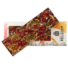 Fantasy dark chocolate bar 375 grs with raspberry, orange and almond chunks 5407008479046 The Belgian Chocolate Makers