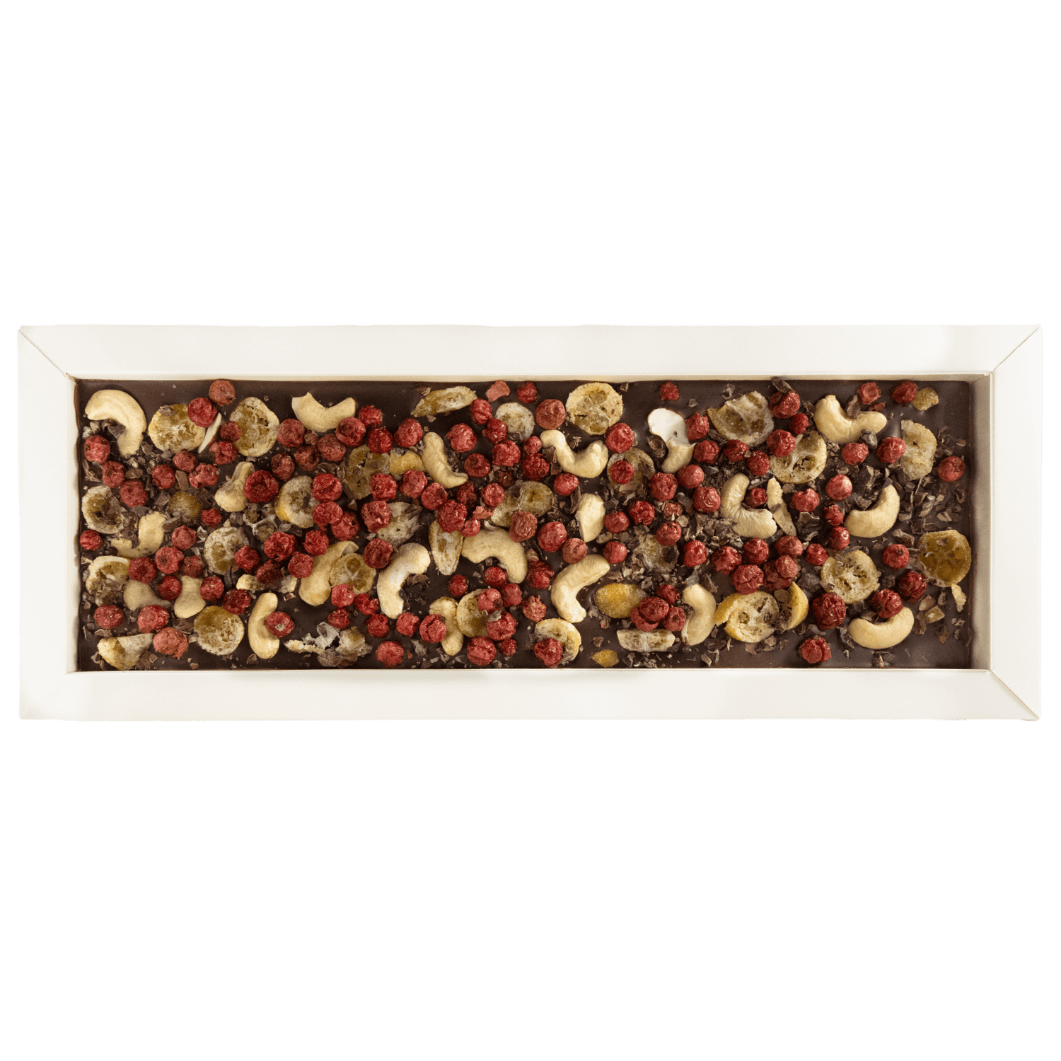 Fantasy dark chocolate bar 550 grs with cacao nibs, cashew nut, kumquat and redcurrant chunks 5407008479053 The Belgian Chocolate Makers