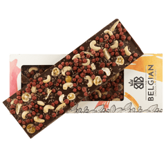 Fantasy dark chocolate bar 550 grs with cacao nibs, cashew nut, kumquat and redcurrant chunks 5407008479053 The Belgian Chocolate Makers