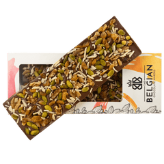 Fantasy milk chocolate bar 375 grs with walnut, pistachio, almond and raisins chunks 5407008479060 The Belgian Chocolate Makers