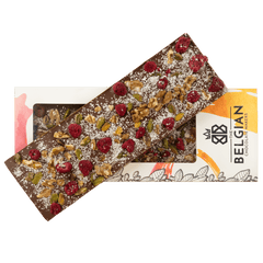 Fantasy milk chocolate bar 375 grs with walnut, pistachio, raspberry and coconut chunks 5407008479091 The Belgian Chocolate Makers