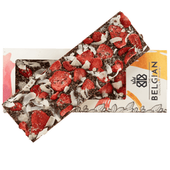 Fantasy milk chocolate bar 550 grs with cacao nibs, strawberry and coconut chunks 5407008479022 The Belgian Chocolate Makers