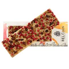 Fantasy white chocolate bar 550 grs with almond, cranberry, redcurrant and hazelnut chunks 5407008479039 The Belgian Chocolate Makers
