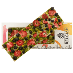 Fantasy white chocolate bar 550 grs with strawberry, pistachio and blueberry chunks 5407008479077 The Belgian Chocolate Makers