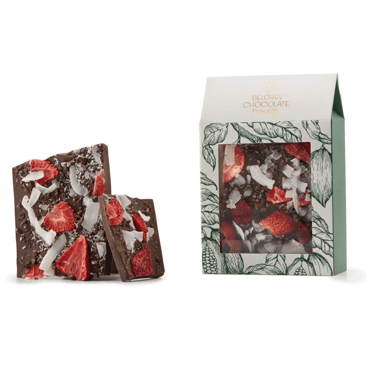 Milk chocolate broken bars with coconut, strawberry, cacao nibs 5407008479237 The Belgian Chocolate Makers