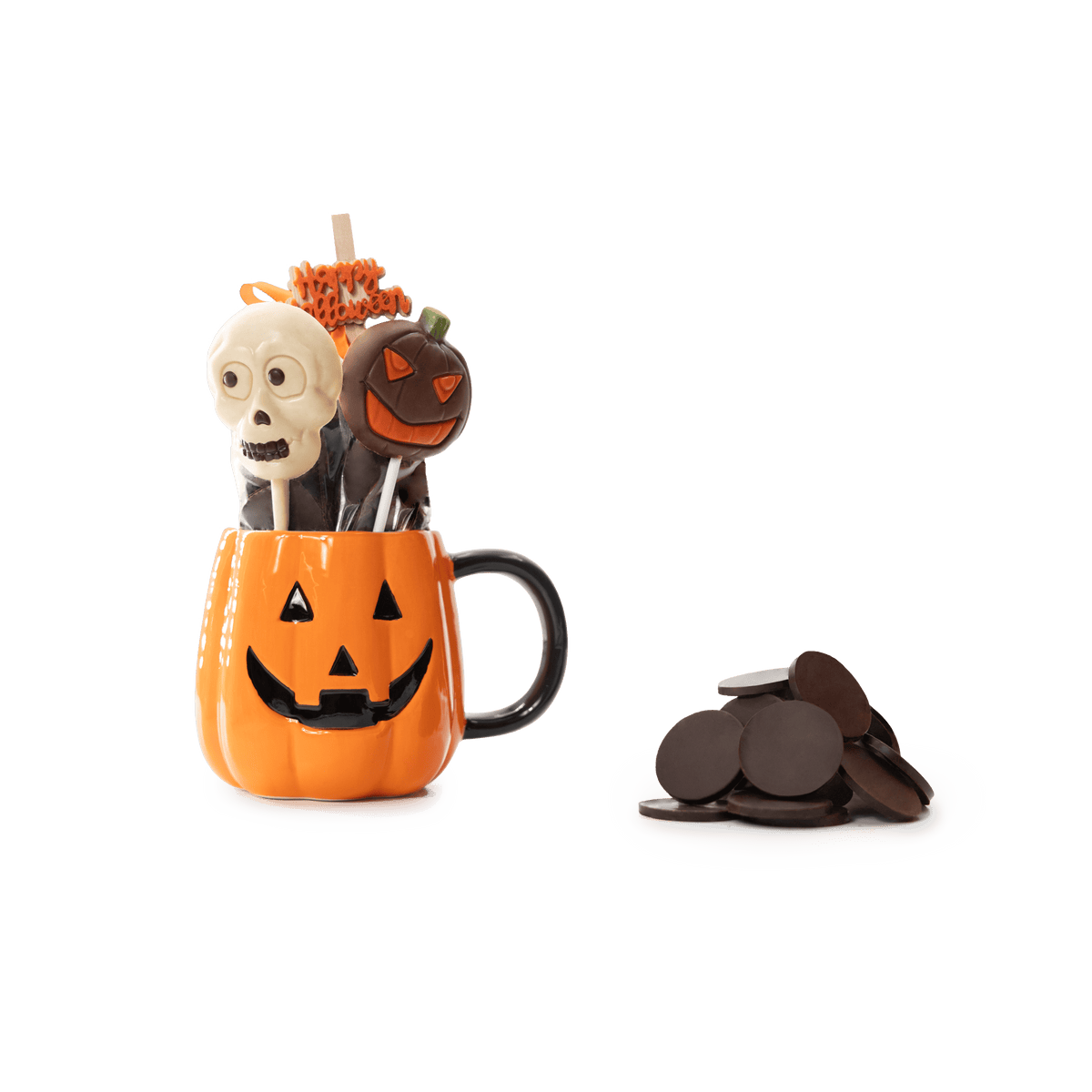 Milk chocolate drops in cup pumpkin with lollipops 5407008474263 The Belgian Chocolate Makers
