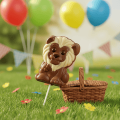 Milk chocolate white mane lion lollipop 25g 5407008477479 The Belgian Chocolate Makers