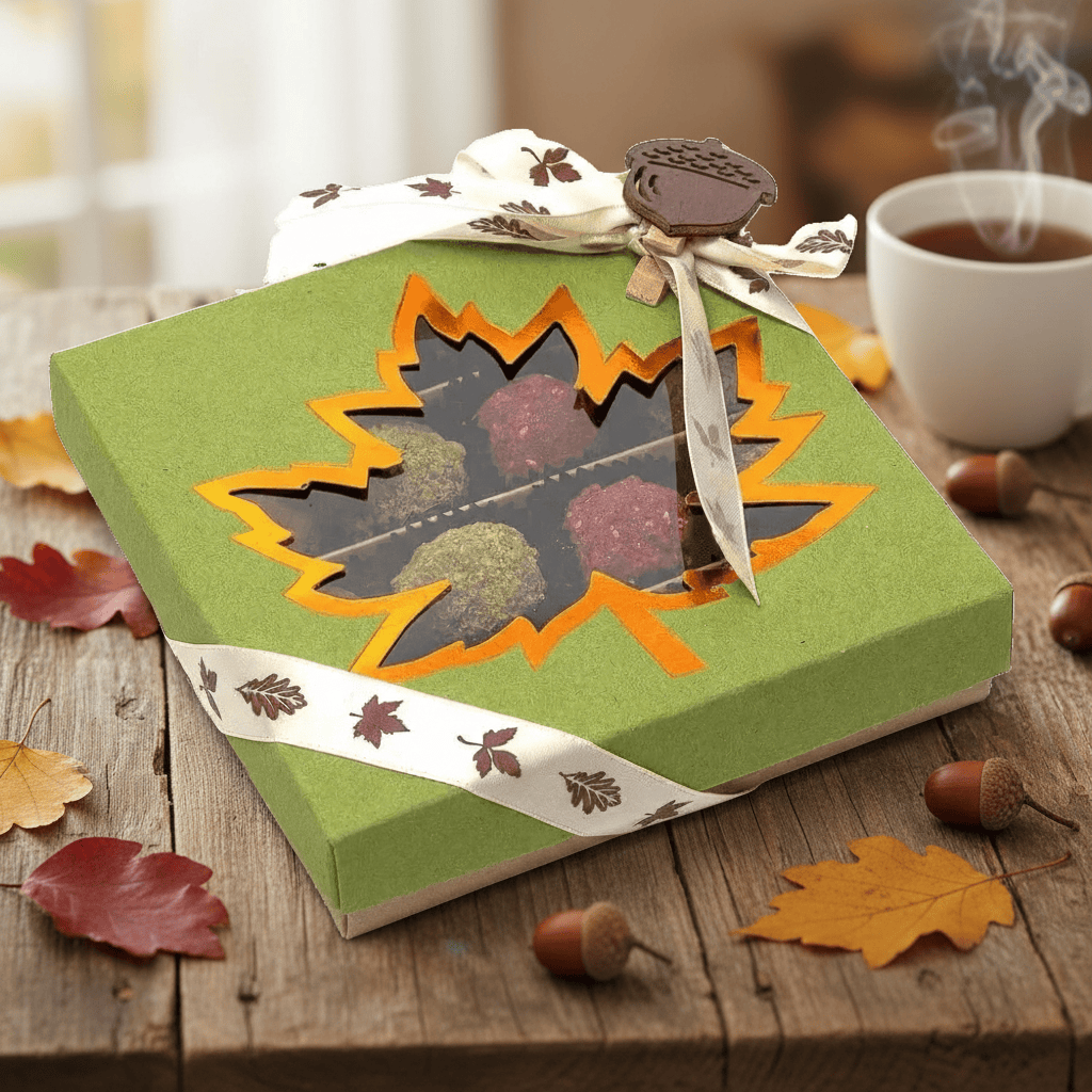 Mix of autumn Belgian truffles in a green gift box 5407008477615 The Belgian Chocolate Makers