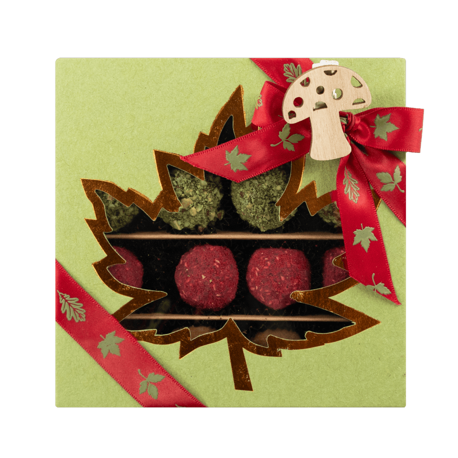 Mix of autumn Belgian truffles in a green gift box 5407008477615 The Belgian Chocolate Makers