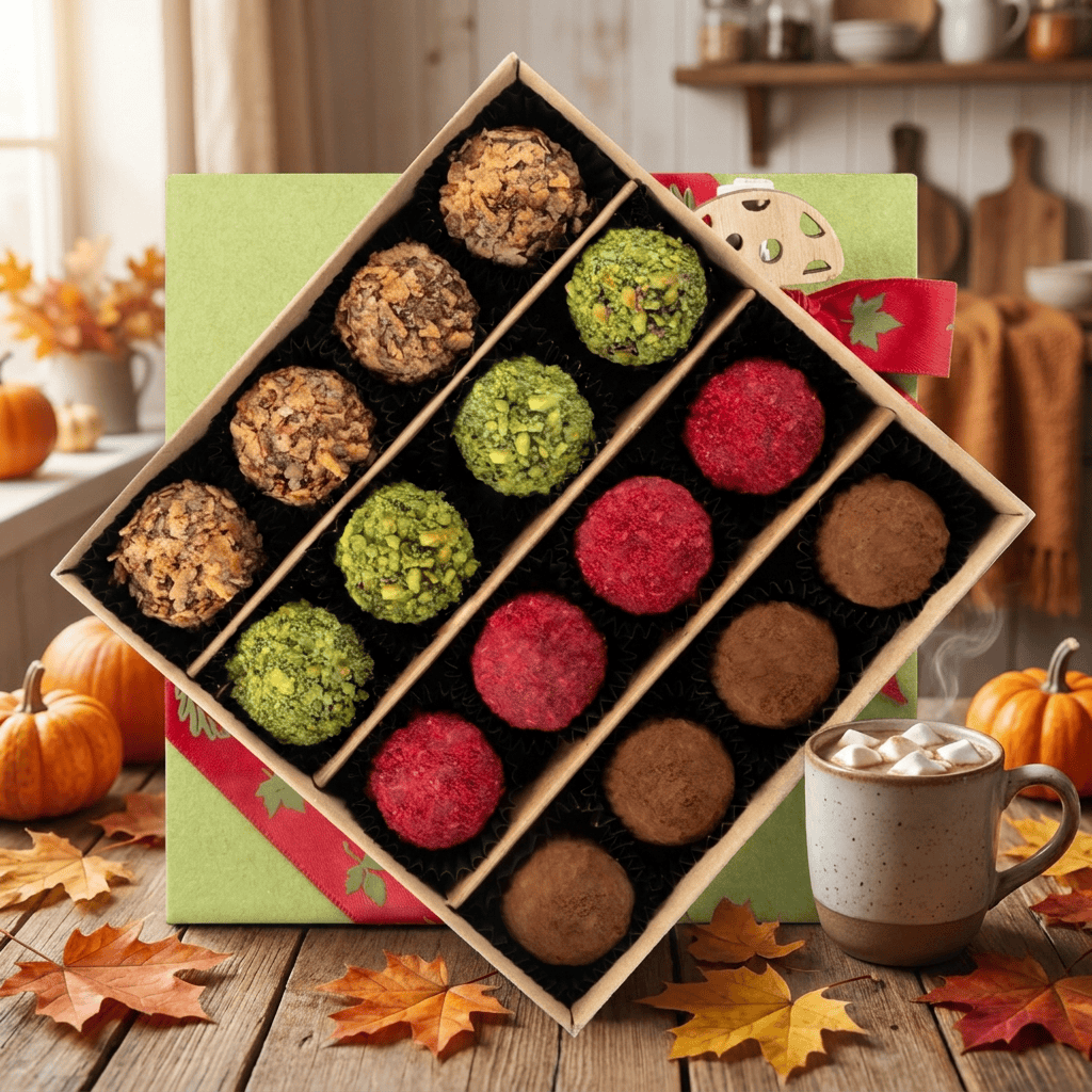 Mix of autumn Belgian truffles in a green gift box 5407008477615 The Belgian Chocolate Makers