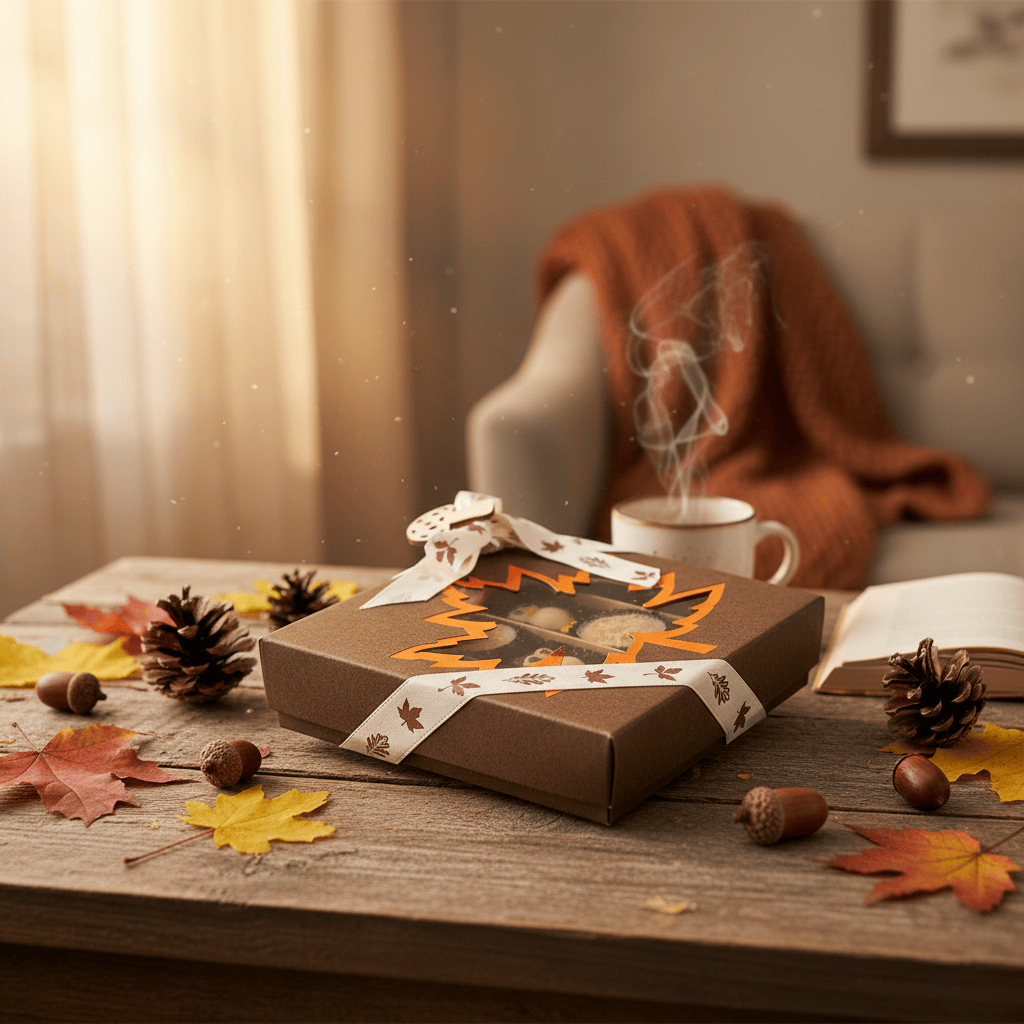 Mix of autumn pralines in a dark brown gift box 5407008477554 The Belgian Chocolate Makers