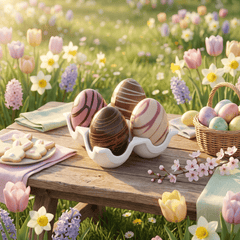 Porcelain egg cup with mini chocolate eggs (4x20g) 5407008477325 The Belgian Chocolate Makers