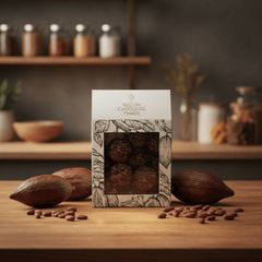 Pouch of Belgian truffles with cacao nibs coating 5407008471033 The Belgian Chocolate Makers