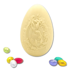 White chocolate bunny Easter egg 320g and mini eggs inside 5407008471590 The Belgian Chocolate Makers