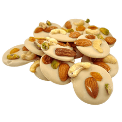 White chocolate mendiants with pistachio, almond, raisin and cashew chunks 5407008470357 The Belgian Chocolate Makers