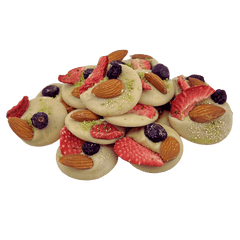 White chocolate mendiants with pistachio, almond, strawberry and blackcurrant chunks 5407008474454 The Belgian Chocolate Makers
