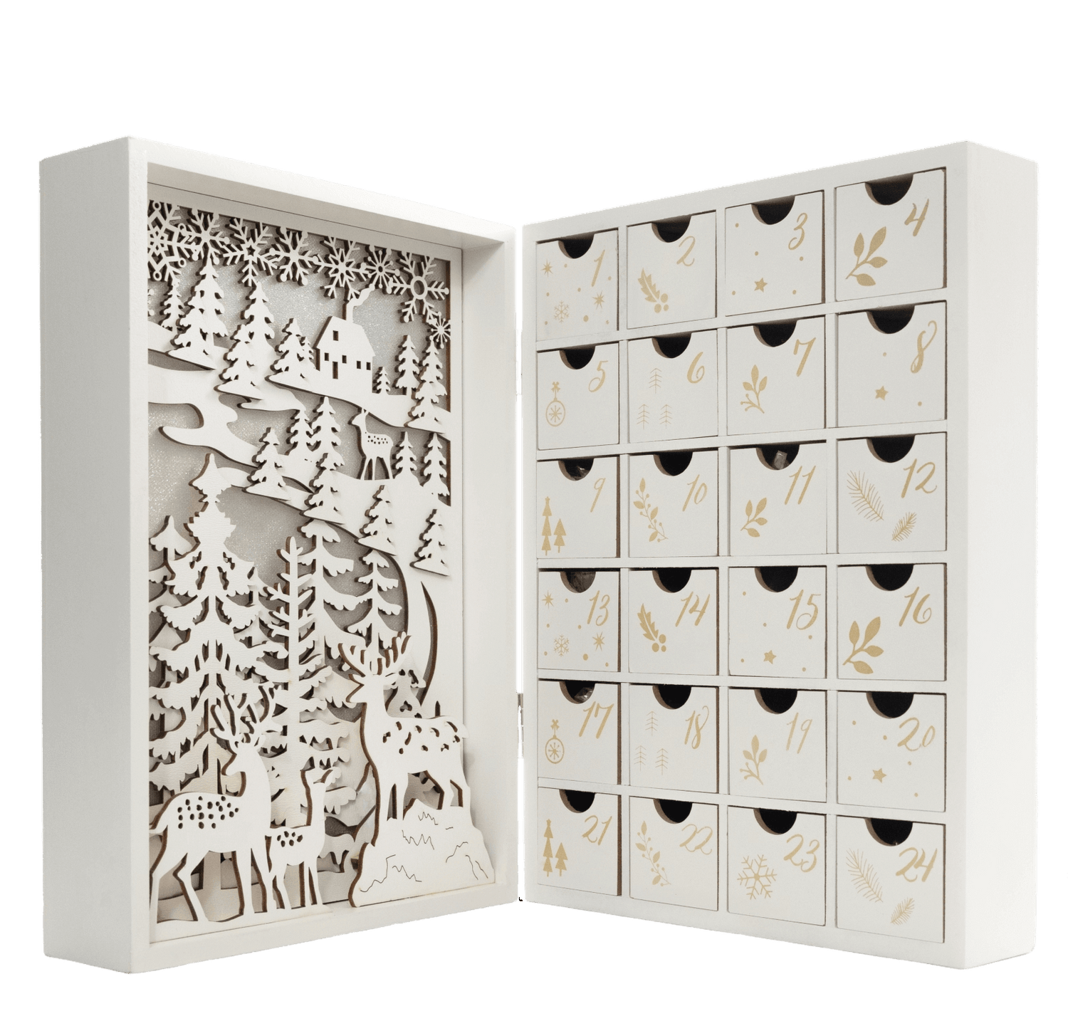 Wooden lighted advent calendar book 24 figurines 5407008474447 The Belgian Chocolate Makers