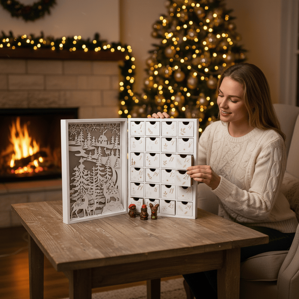 Wooden lighted advent calendar book 24 figurines 5407008474447 The Belgian Chocolate Makers